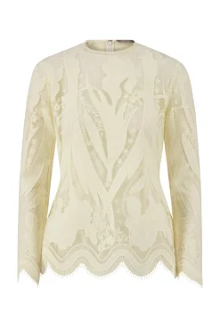 Floral Embroidered Tulle Long Sleeve Peplum Top in Cream