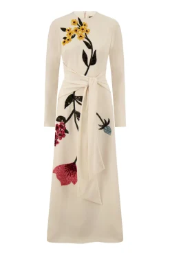 Floral Embroidery Long Sleeve Tie Waist Dress in Cream