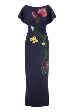 Floral Embroidery Savannah Gown in Navy