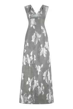 Floral Fil Coupe V-Neck Gown in Silver & Grey
