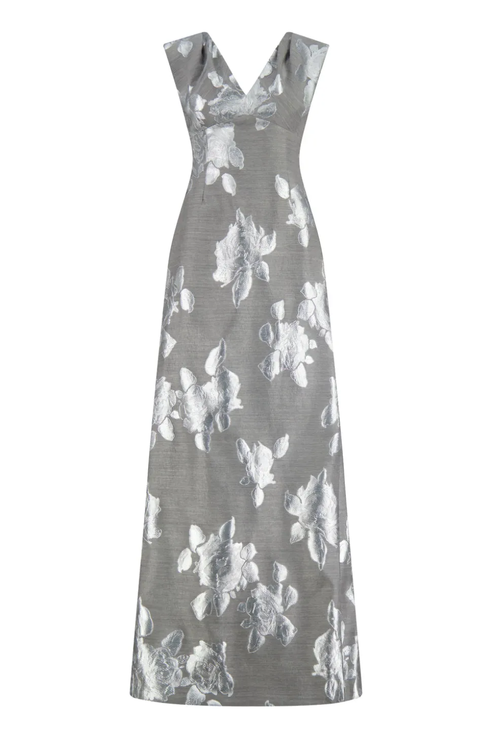 Floral Fil Coupe V-Neck Gown in Silver & Grey