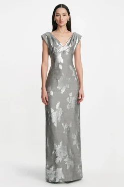 Floral Fil Coupe V-Neck Gown in Silver & Grey