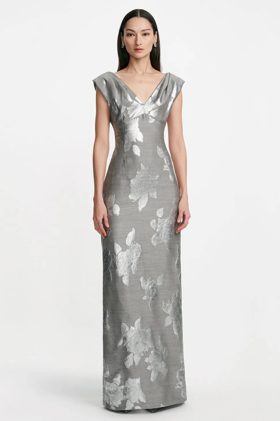 Floral Fil Coupe V-Neck Gown in Silver & Grey