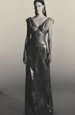 Floral Fil Coupe V-Neck Gown in Silver & Grey