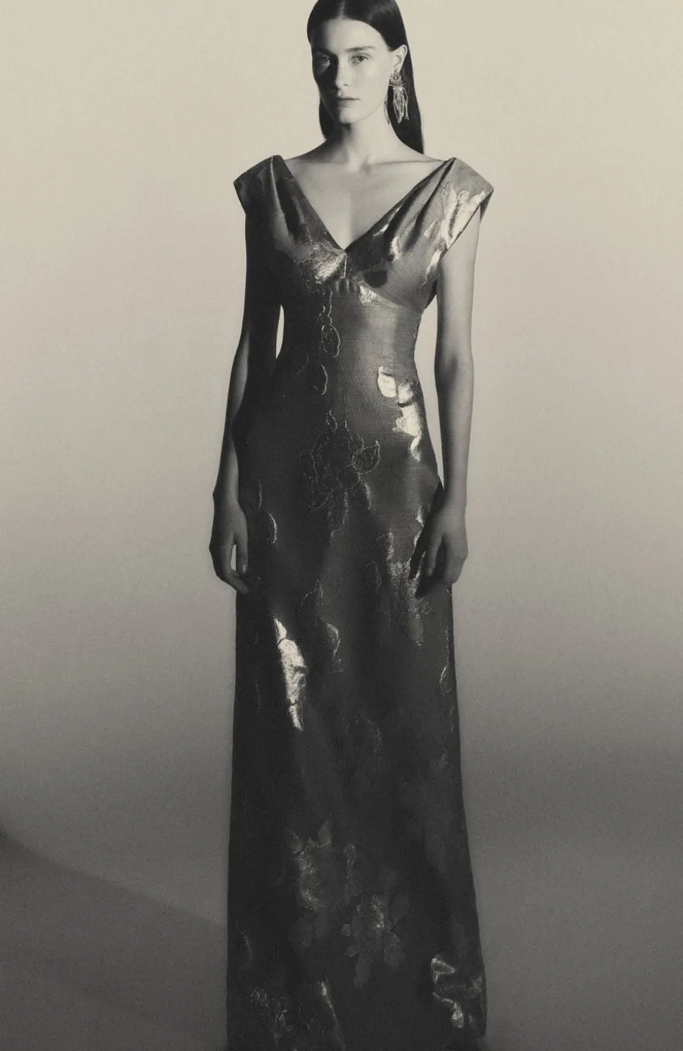 Floral Fil Coupe V-Neck Gown in Silver & Grey