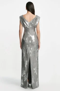 Floral Fil Coupe V-Neck Gown in Silver & Grey