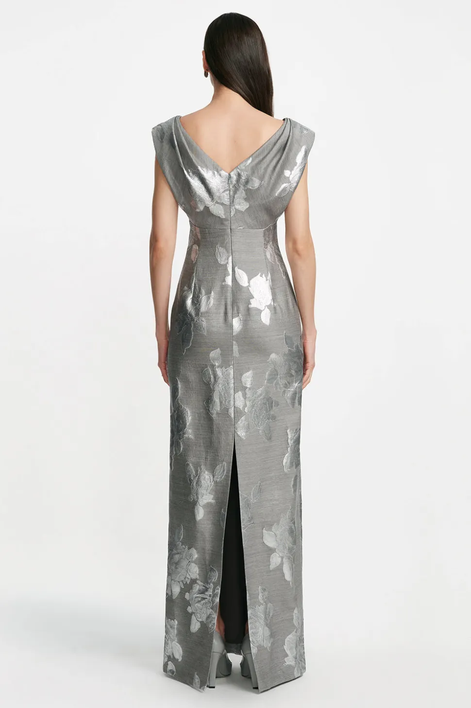 Floral Fil Coupe V-Neck Gown in Silver & Grey