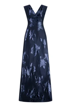Floral Fil Coupe V-Neck Gown in Navy