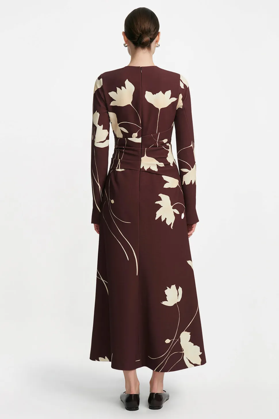 Floral Printed Crepe Long Sleeve Tie Waist Dress in Cocoa & Sunlight
