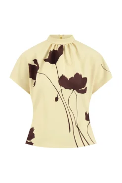 Floral Printed Crepe Mock Neck Short Sleeve Top in Sunlight & Cocoa