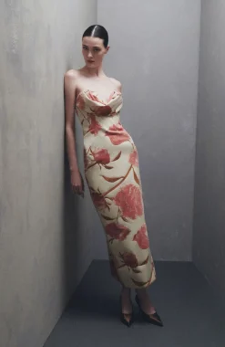 Floral Velvet Draped Bust Sheath in Pink Multi