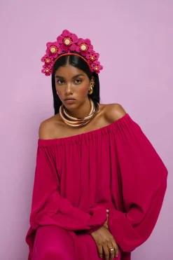 Flower Iraca Headpiece in Hot Pink