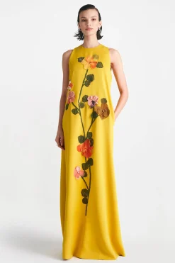 Fluid Crepe Floral Embroidery Francie Gown in Mustard Multi