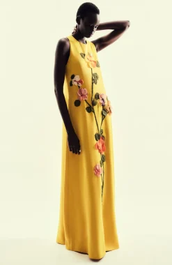Fluid Crepe Floral Embroidery Francie Gown in Mustard Multi