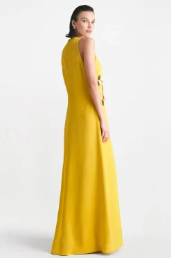 Fluid Crepe Floral Embroidery Francie Gown in Mustard Multi