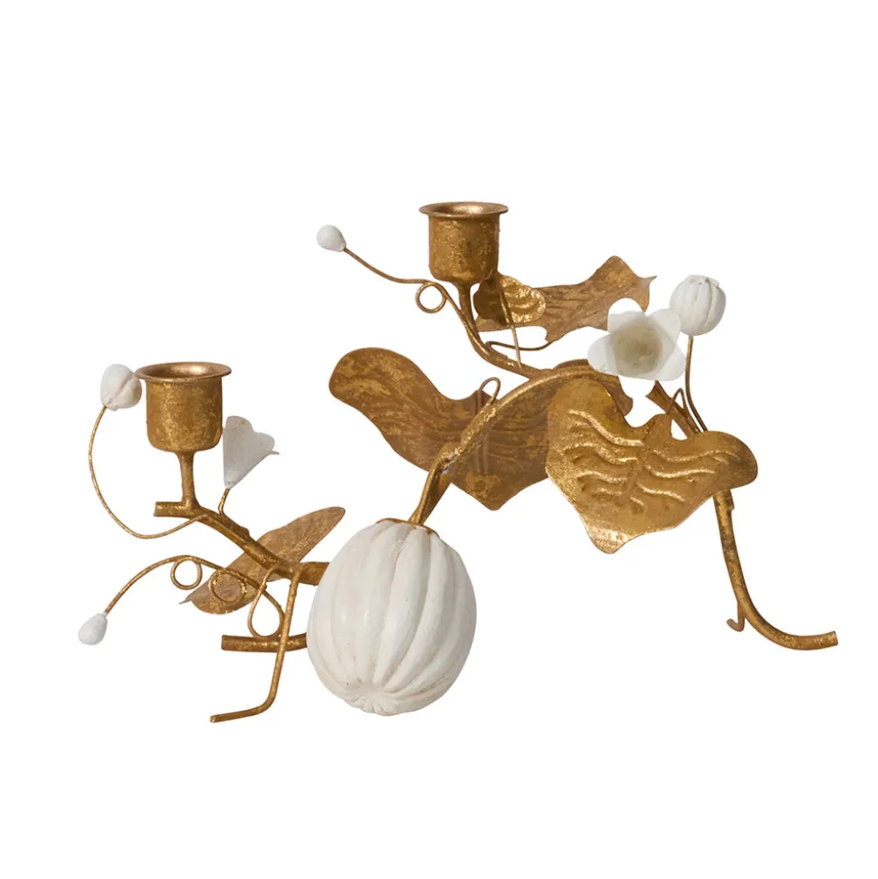 Forest Walk Pumpkin & Vine Double Candlestick Holder in Gold