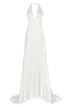 Francoise White Silk V-Neck Halter Gown With Train