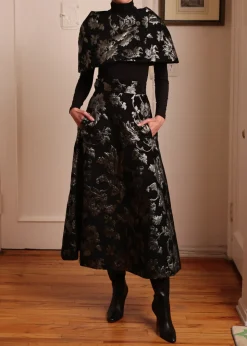 French A-Line Skirt in Black Velvet & Sage