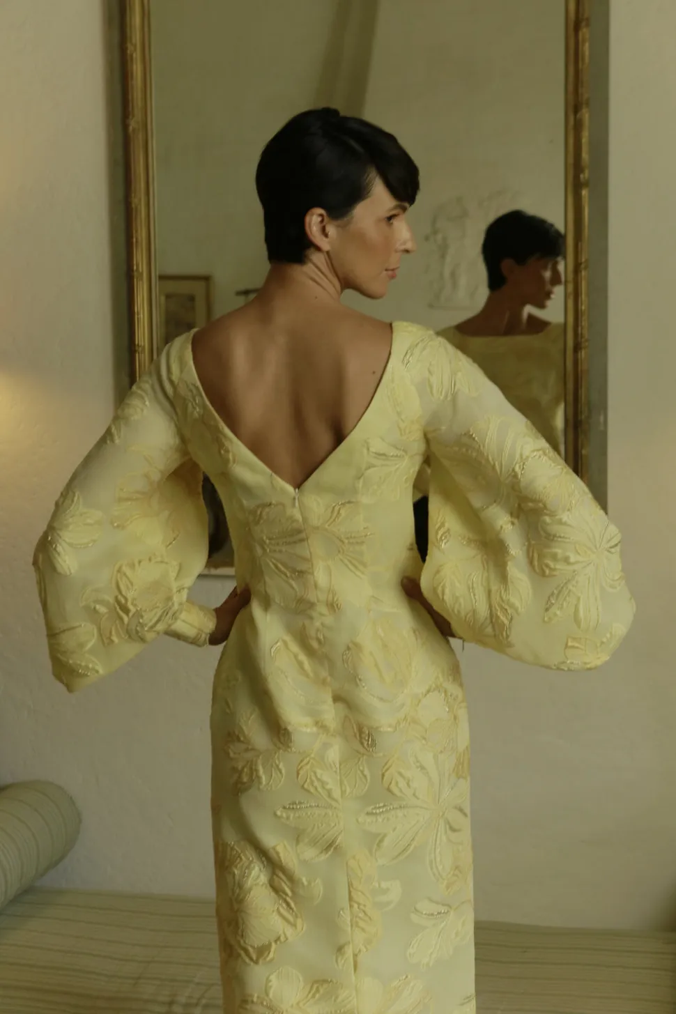 Full Sleeve Slim Gown with Train in Yellow and Gold