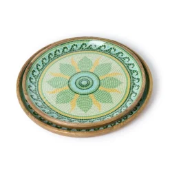 Garden View Hand-Crafted Wooden Round Trays with Enamel, Set of 2