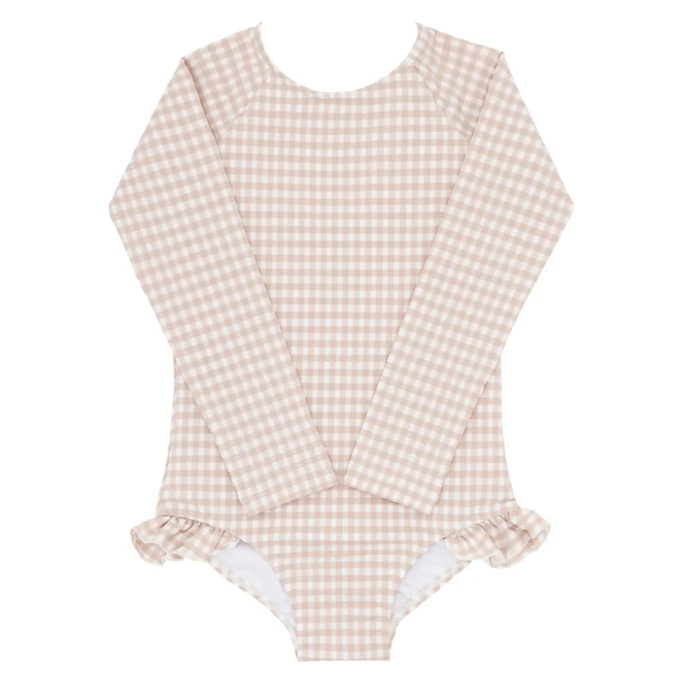 Girls Brown Crinkle Gingham Rashguard One Piece