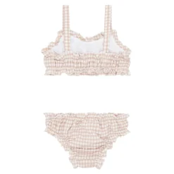 Girls Brown Crinkle Gingham Ruffle Edge Bikini