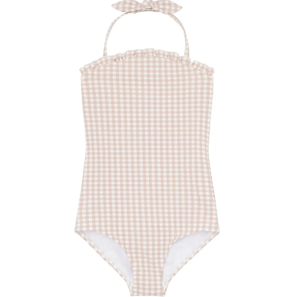 Girls Brown Crinkle Gingham Halter One Piece