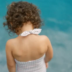 Girls Brown Crinkle Gingham Halter One Piece