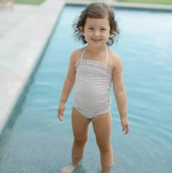 Girls Brown Crinkle Gingham Halter One Piece