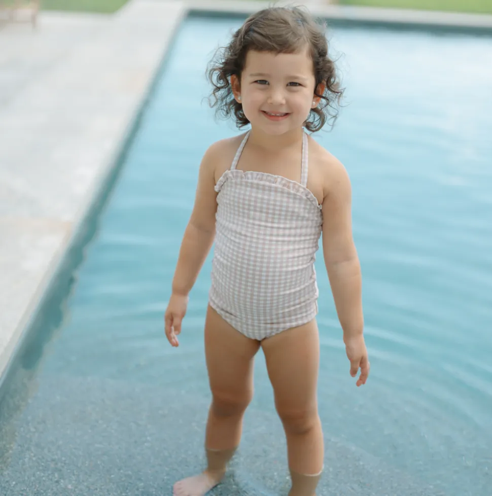 Girls Brown Crinkle Gingham Halter One Piece