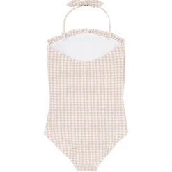 Girls Brown Crinkle Gingham Halter One Piece