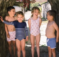 Girls Navy Breton Stripe Rashguard One Piece