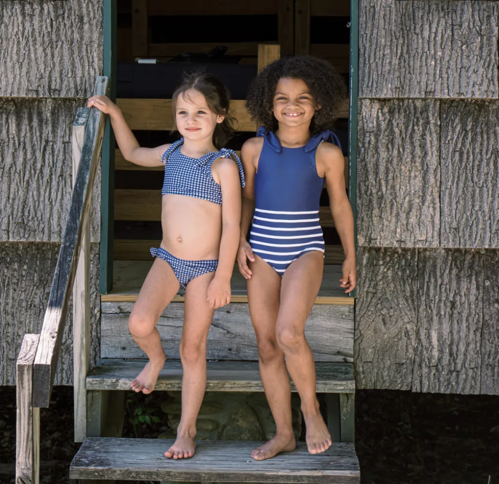 Girls Navy Breton Stripe Tie-Knot One Piece