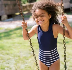 Girls Navy Breton Stripe Tie-Knot One Piece