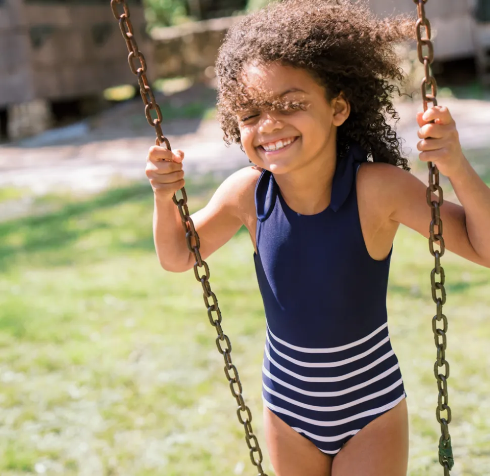 Girls Navy Breton Stripe Tie-Knot One Piece