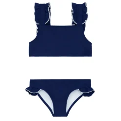 Girls Navy With White Trim Ruffle Strap Bikini