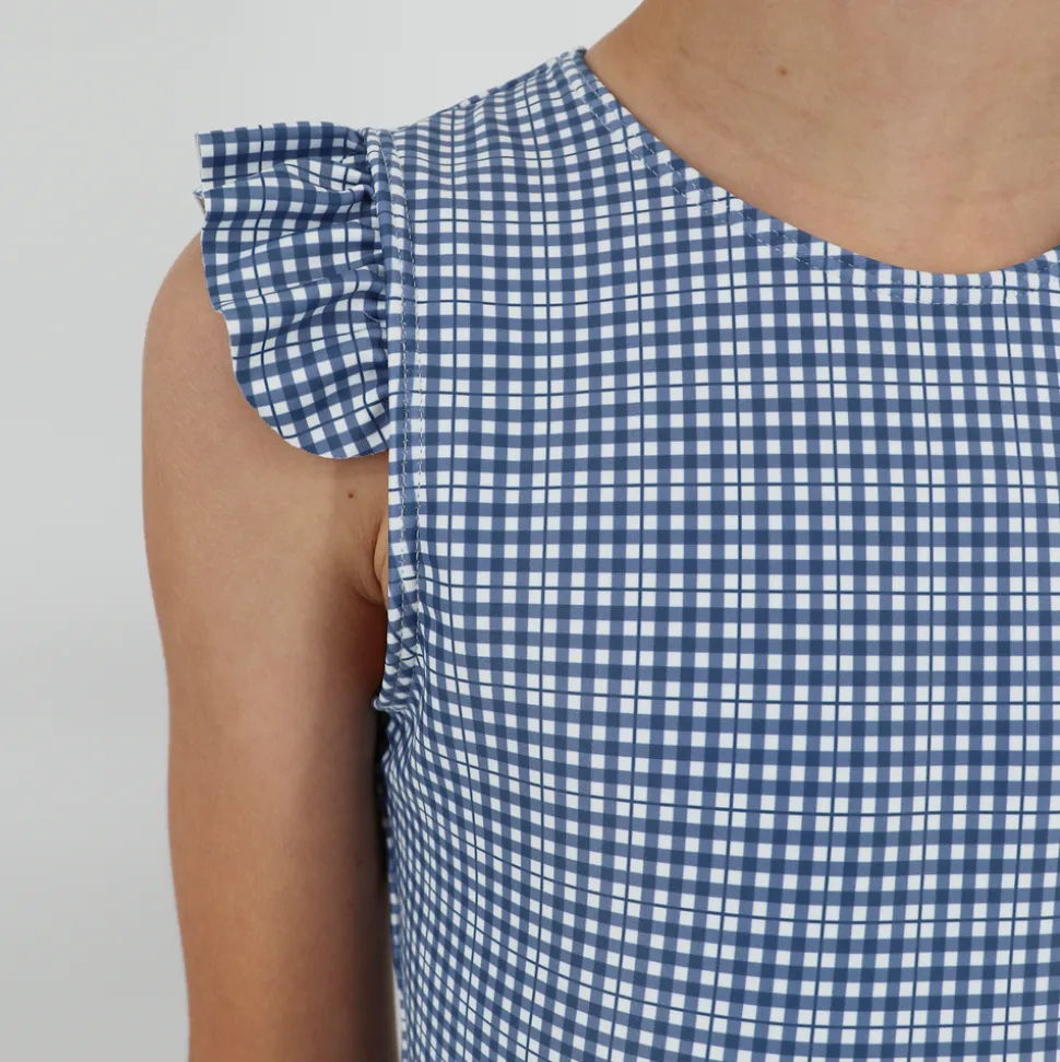 Girl’s Newport Navy Gingham Cap Sleeve Rashguard One Piece