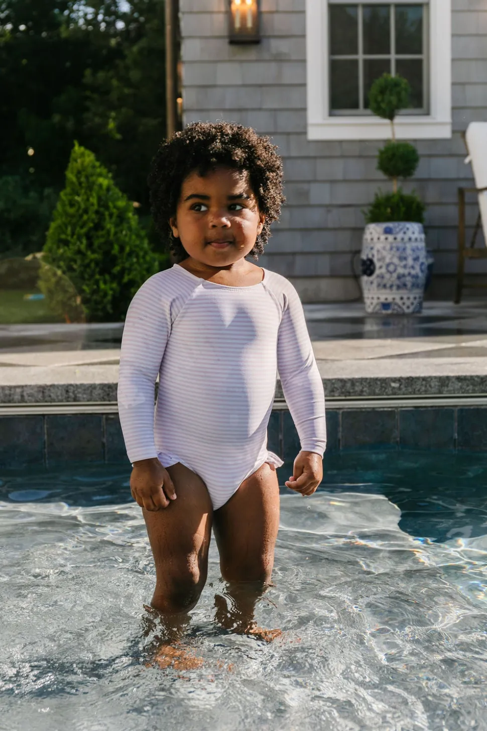 Girls Rashguard One-Piece in Light Pink Stripe