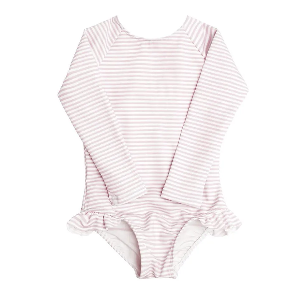 Girls Rashguard One-Piece in Light Pink Stripe