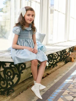 Girls Silk Hand Smocked Celebration Dress in Blue