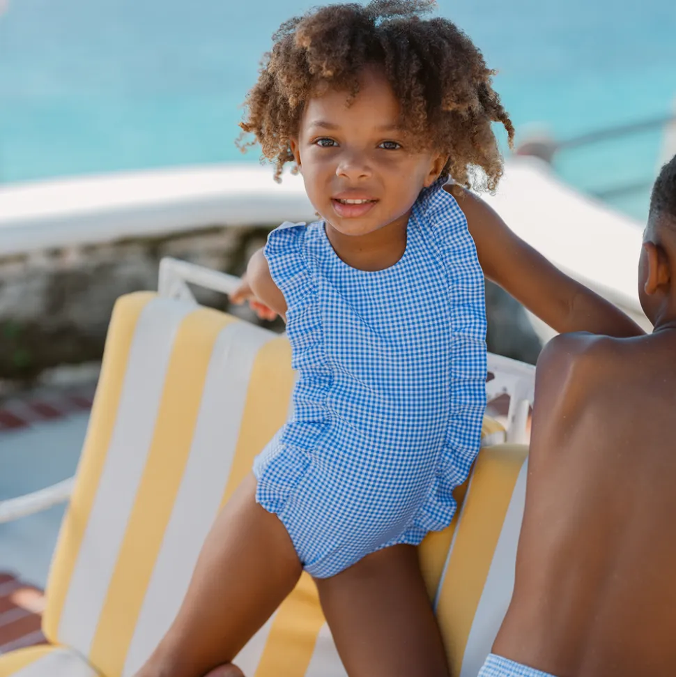 Girls Sky Blue Gingham Ruffle One Piece