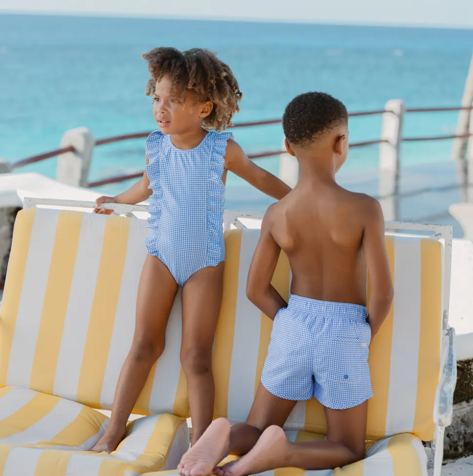 Girls Sky Blue Gingham Ruffle One Piece