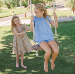 Girls Sky Blue Gingham Smocked Top And Short Set