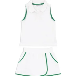 Girls White French Terry Tennis Tank Top And Skort Set With Bermuda Green Trim