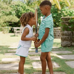 Girls White French Terry Tennis Tank Top And Skort Set With Bermuda Green Trim