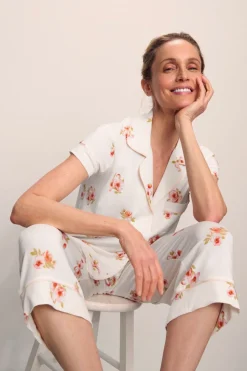 Gisele Printed Short Sleeve Crop PJ in Floral Bloom Ivy/Vanilla Cream
