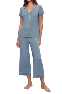 Gisele Short Sleeve Crop PJ Set in Faded Denim/Ivory