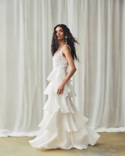 Grayal Gown in Ivory Satin Face Organza with Crystal Floral Embellishment