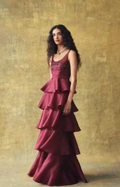 Grayal Gown in Plum Satin Face Organza with Crystal Floral Embellishment