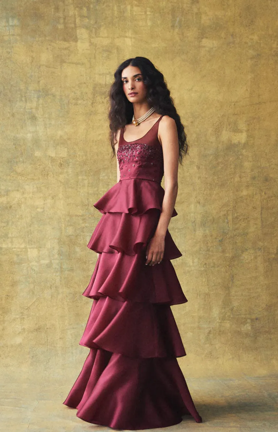 Grayal Gown in Plum Satin Face Organza with Crystal Floral Embellishment